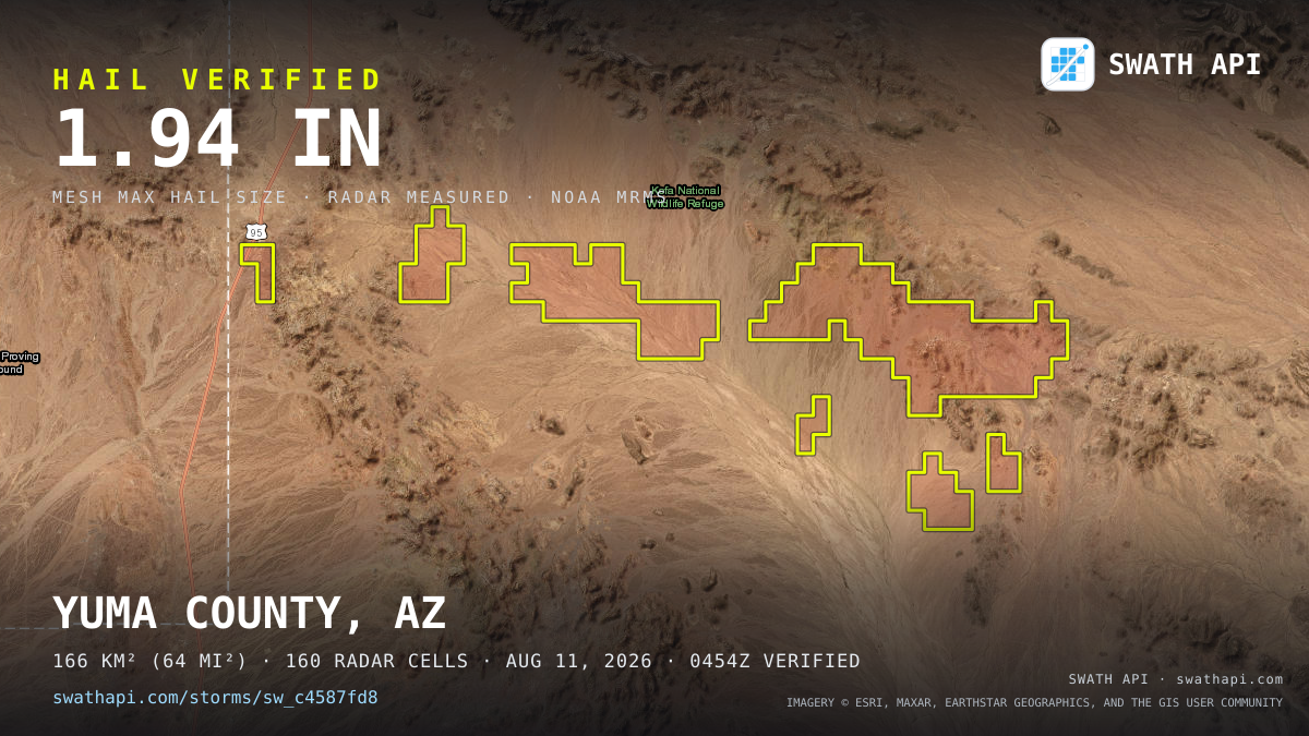 Storm card: 1–1.9" hail crossed Yuma County, AZ — August 11, 2026