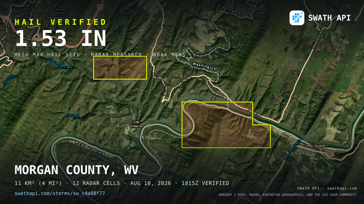 Storm card: 1.2–1.5" hail crossed Morgan County, WV — August 10, 2026
