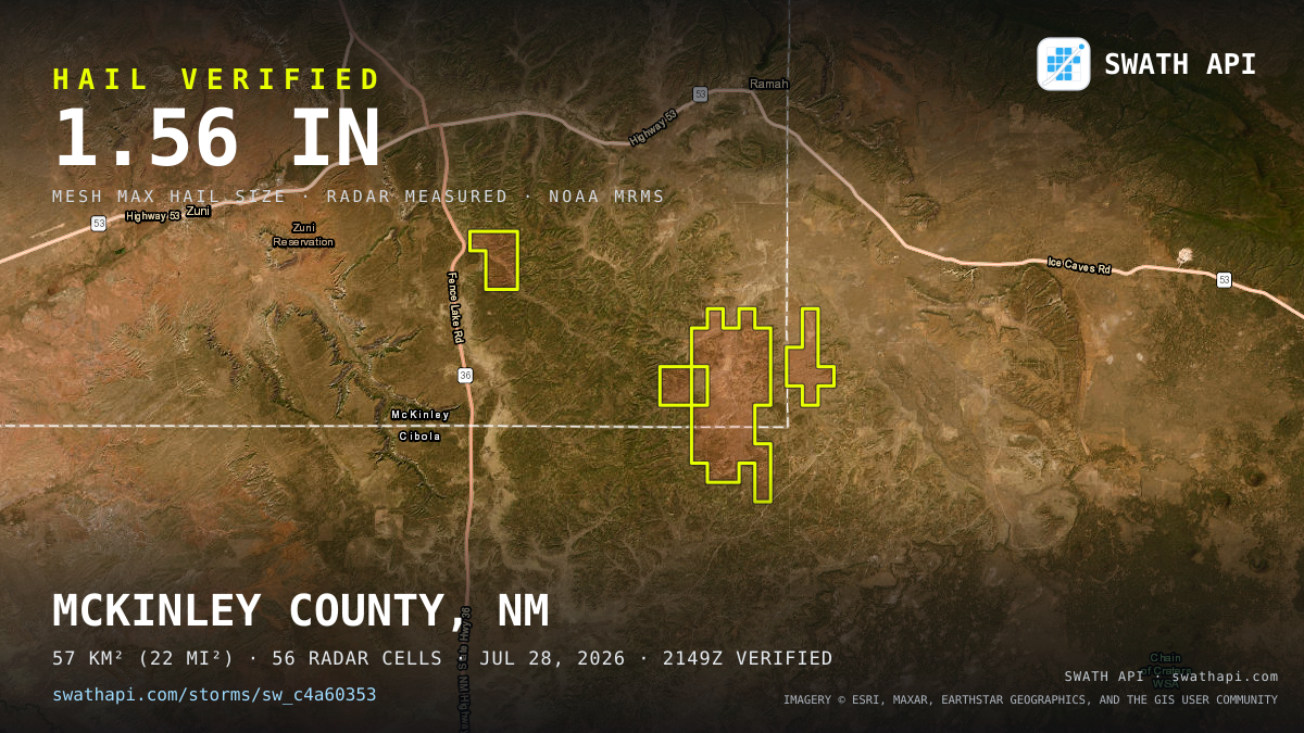 Storm card: 1.1–1.6" hail crossed McKinley County, NM — July 28, 2026