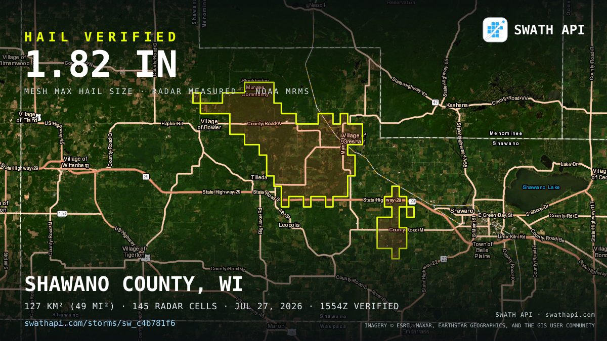 Storm card: 1.1–1.8" hail crossed Shawano County, WI — July 27, 2026