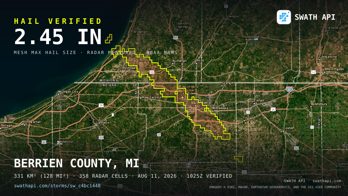 Storm card: 1.1–2.5" hail crossed St. Joseph County, IN — August 11, 2026