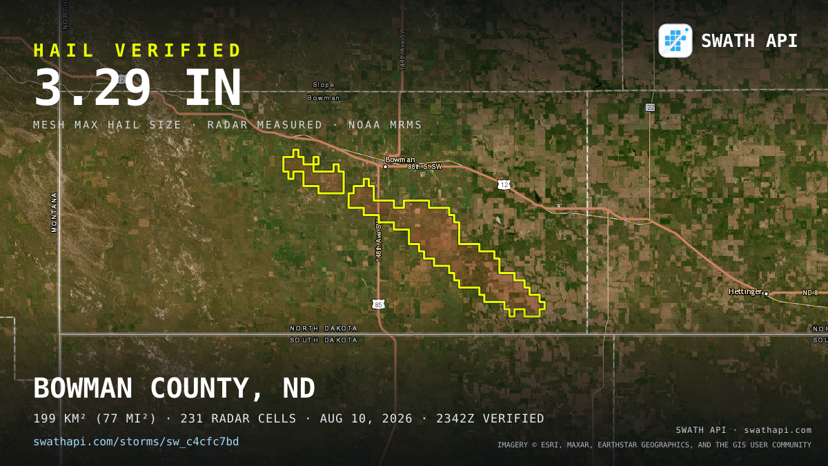 Storm card: 1.5–3.3" hail crossed Bowman County, ND — August 10, 2026