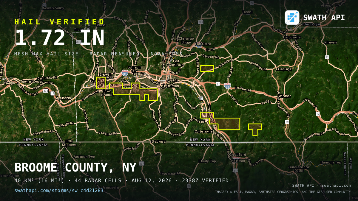 Storm card: 1–1.7" hail crossed Broome County, NY — August 12, 2026