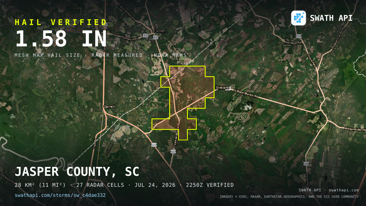 Storm card: 1.3–1.6" hail crossed Jasper County, SC — July 24, 2026