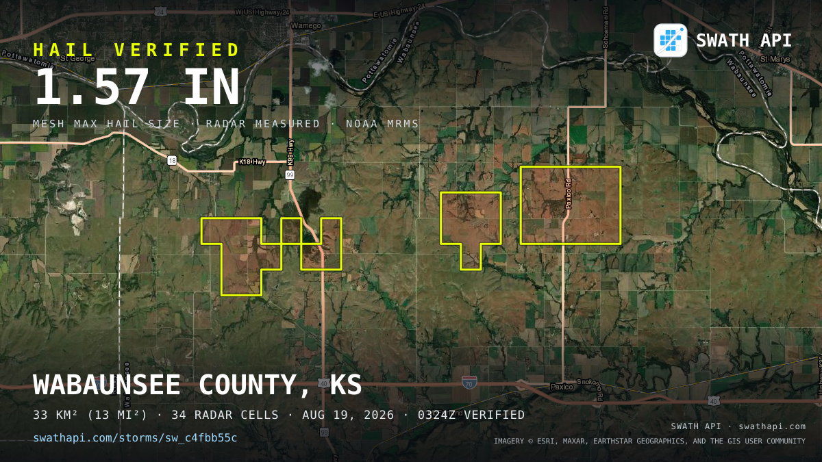 Storm card: 1.2–1.6" hail crossed Wabaunsee County, KS — August 19, 2026