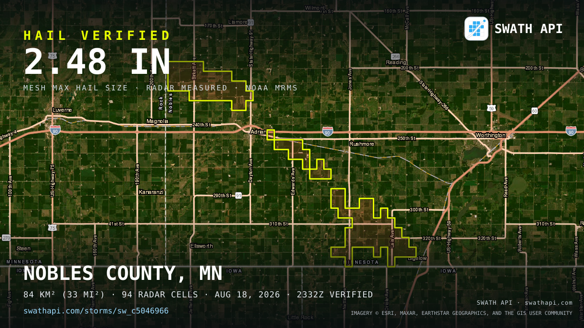 Storm card: 1.1–2.5" hail crossed Nobles County, MN — August 18, 2026