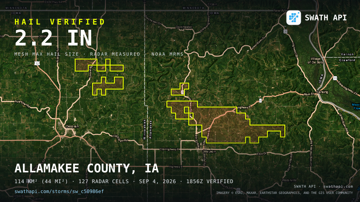 Storm card: 1.1–2.2" hail crossed Allamakee County, IA — September 4, 2026