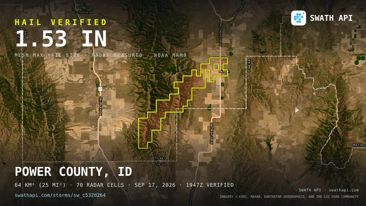 Storm card: 1.1–1.5" hail crossed Power County, ID — September 17, 2026