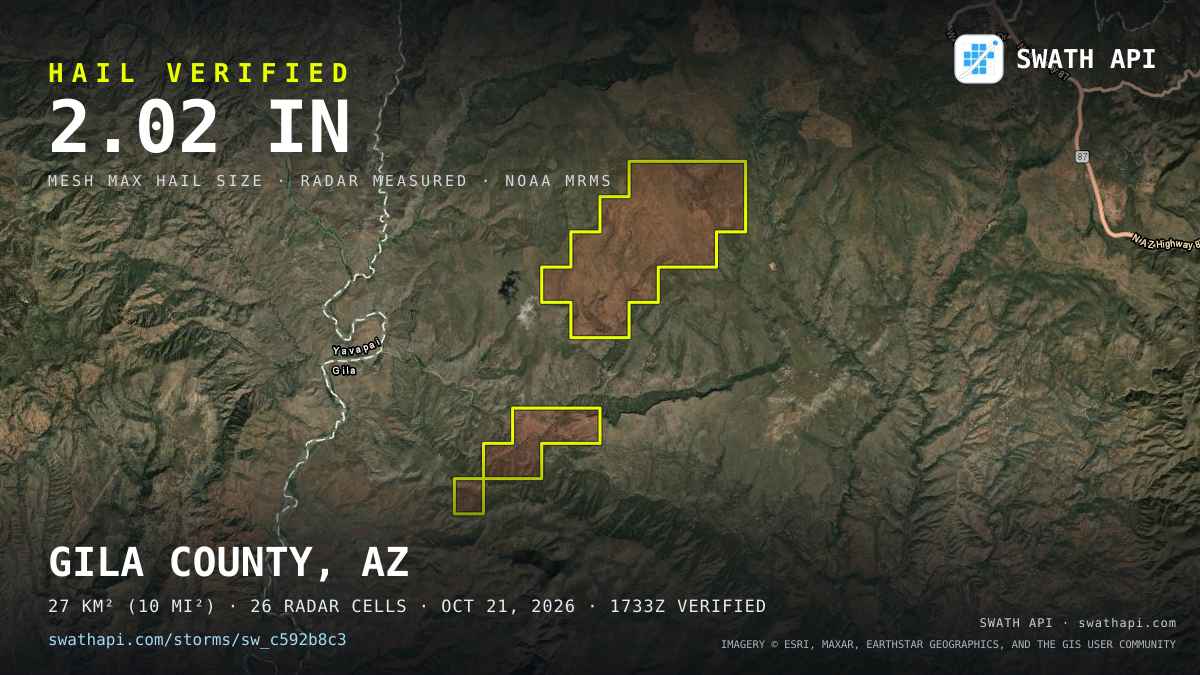 Storm card: 1.3–2" hail crossed Gila County, AZ — October 21, 2026
