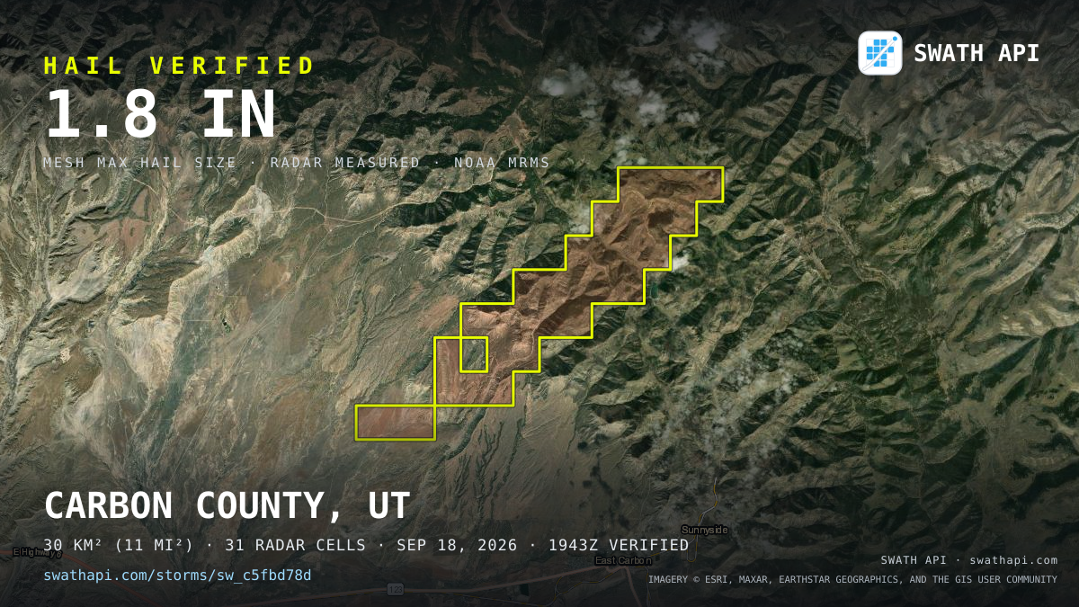 Storm card: 1.1–1.8" hail crossed Carbon County, UT — September 18, 2026