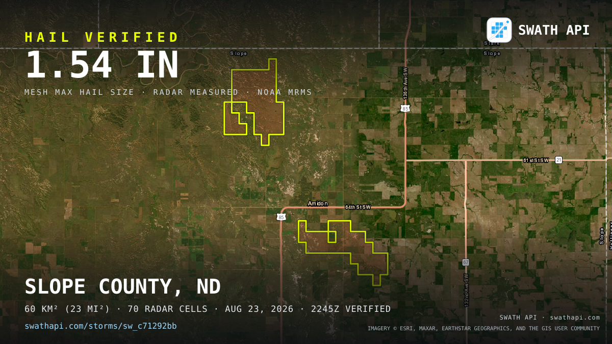 Storm card: 1.1–1.5" hail crossed Slope County, ND — August 23, 2026