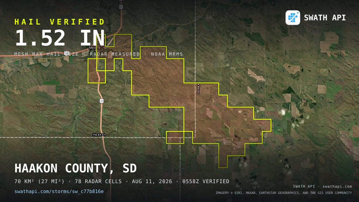 Storm card: 1.2–1.5" hail crossed Haakon County, SD — August 11, 2026