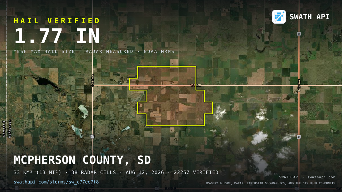 Storm card: 1.2–1.8" hail crossed McPherson County, SD — August 12, 2026