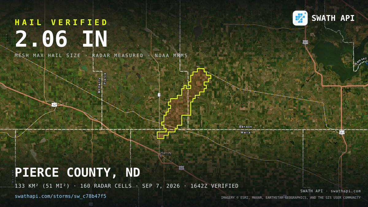 Storm card: 1.1–2.1" hail crossed Pierce County, ND — September 7, 2026