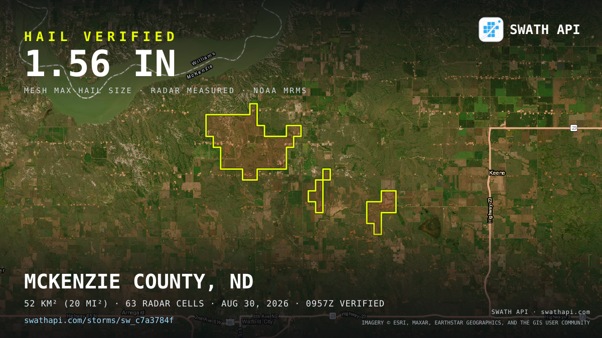 Storm card: 1.1–1.6" hail crossed McKenzie County, ND — August 30, 2026