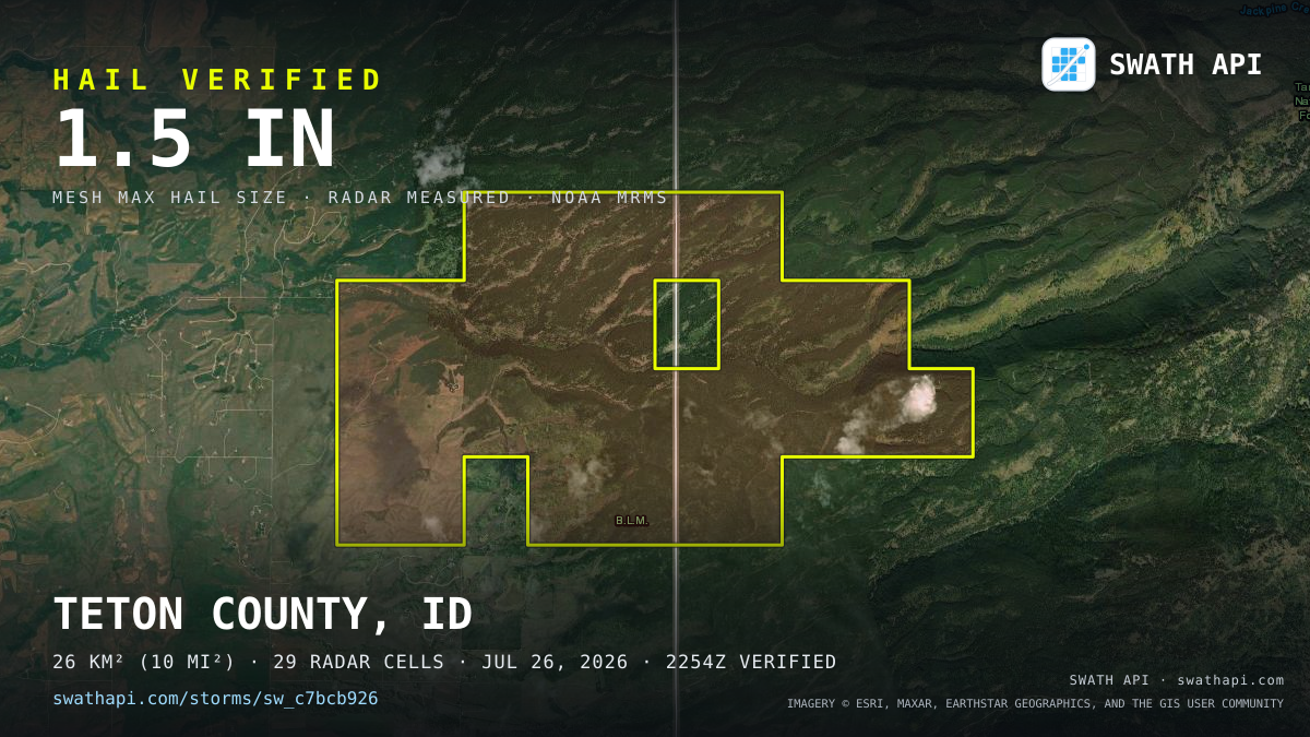 Storm card: 1.1–1.5" hail crossed Teton County, ID — July 26, 2026
