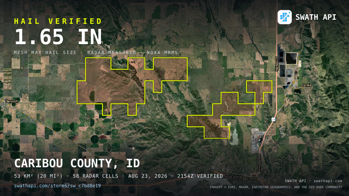Storm card: 1.1–1.7" hail crossed Caribou County, ID — August 23, 2026