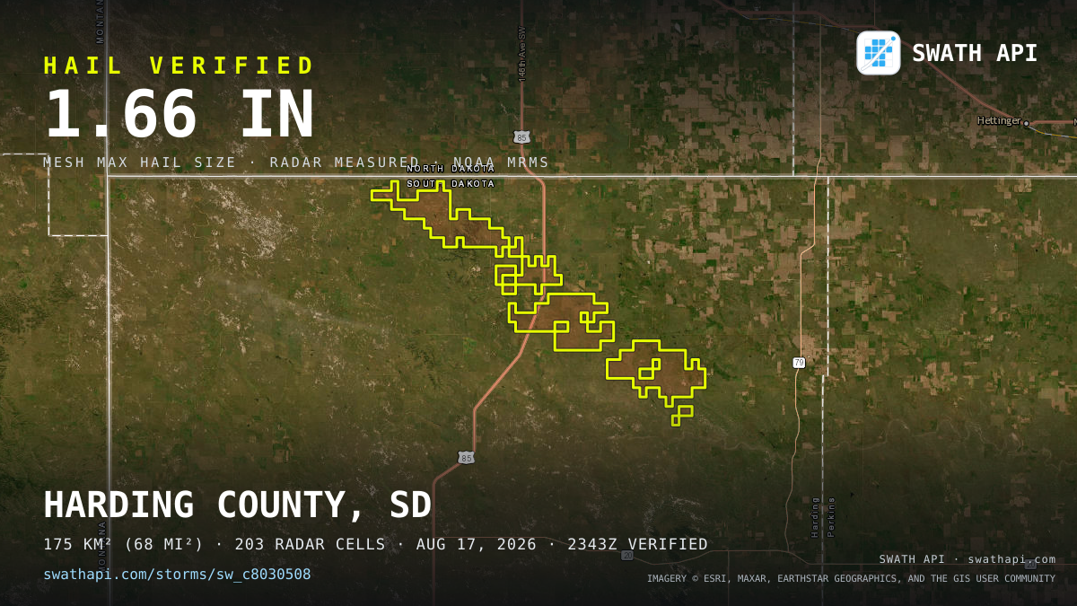 Storm card: 1.1–1.7" hail crossed Harding County, SD — August 17, 2026
