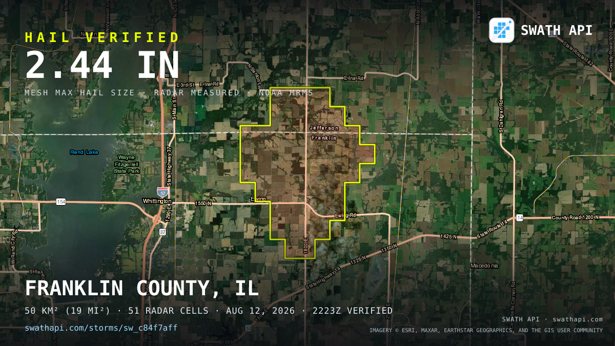 Storm card: 1.1–2.4" hail crossed Franklin County, IL — August 12, 2026