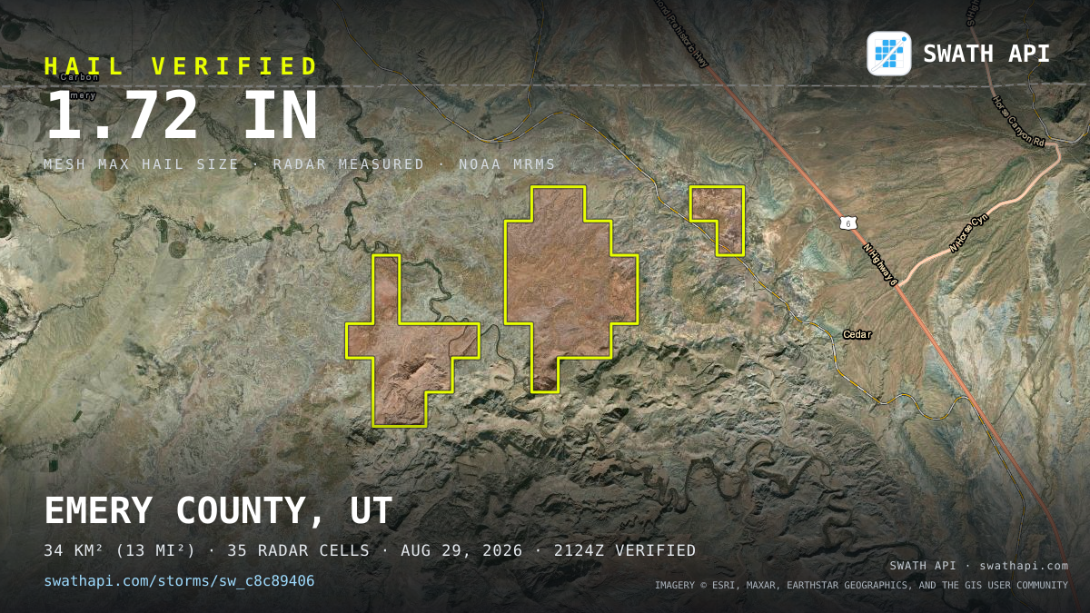 Storm card: 1.1–1.7" hail crossed Emery County, UT — August 29, 2026