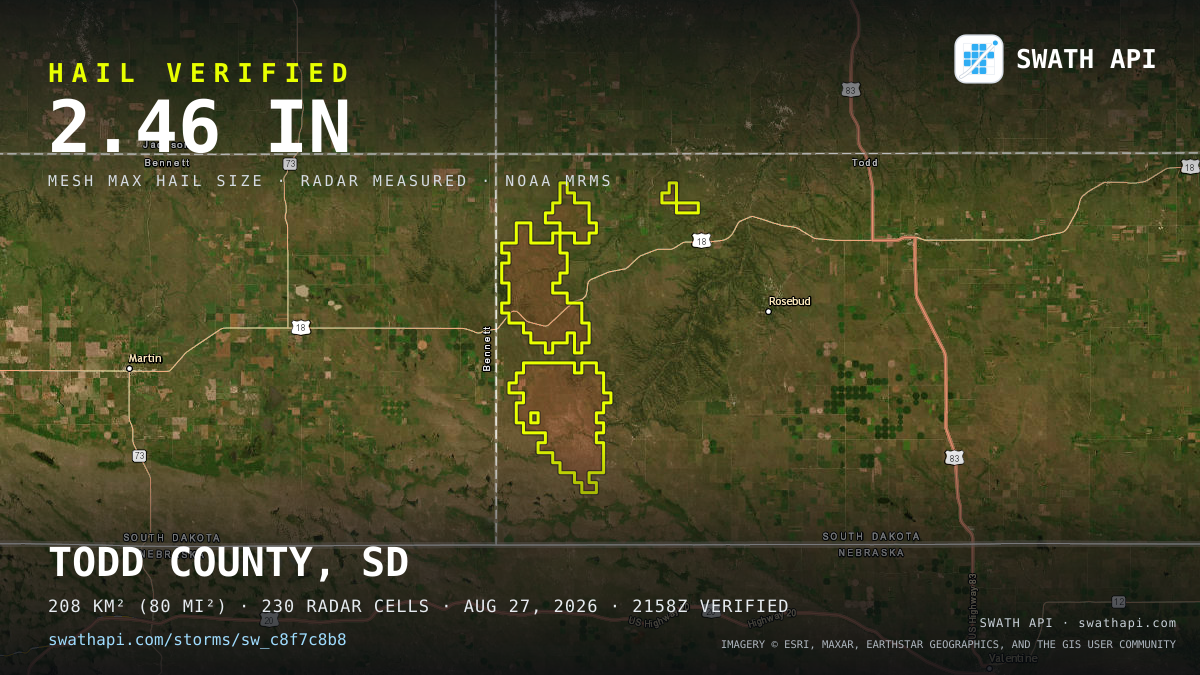 Storm card: 1.2–2.5" hail crossed Todd County, SD — August 27, 2026