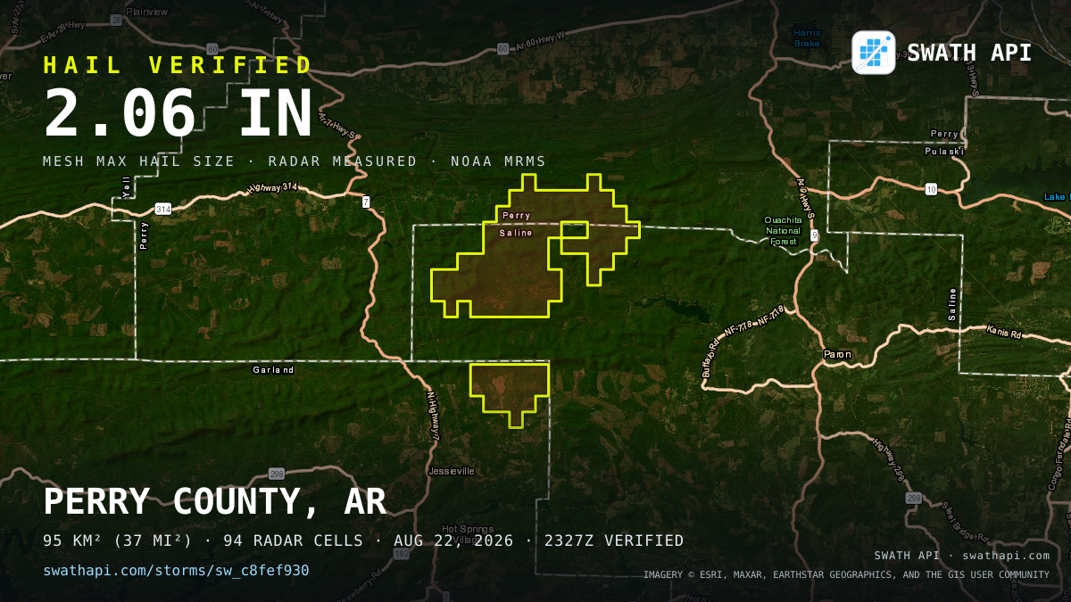 Storm card: 1.2–2.1" hail crossed Saline County, AR — August 22, 2026