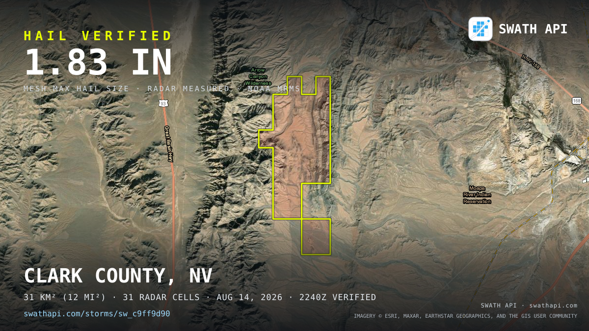 Storm card: 1.2–1.8" hail crossed Clark County, NV — August 14, 2026