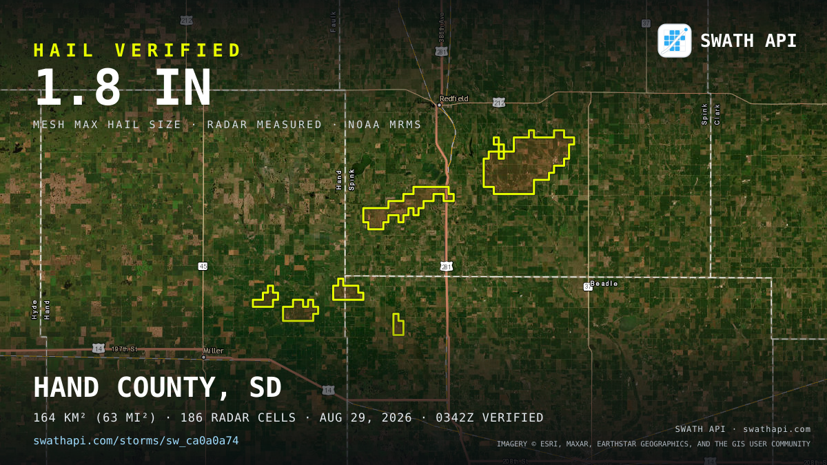 Storm card: 1.1–1.8" hail crossed Spink County, SD — August 29, 2026