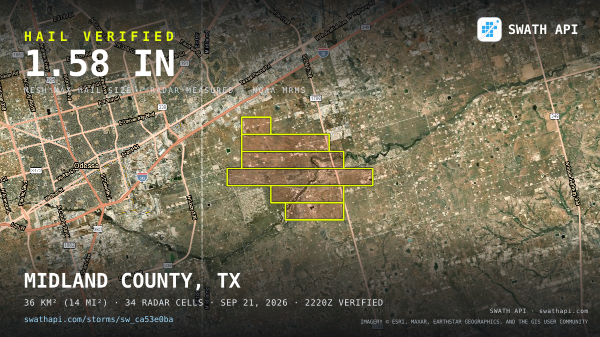 Storm card: 1.2–1.6" hail crossed Midland County, TX — September 21, 2026