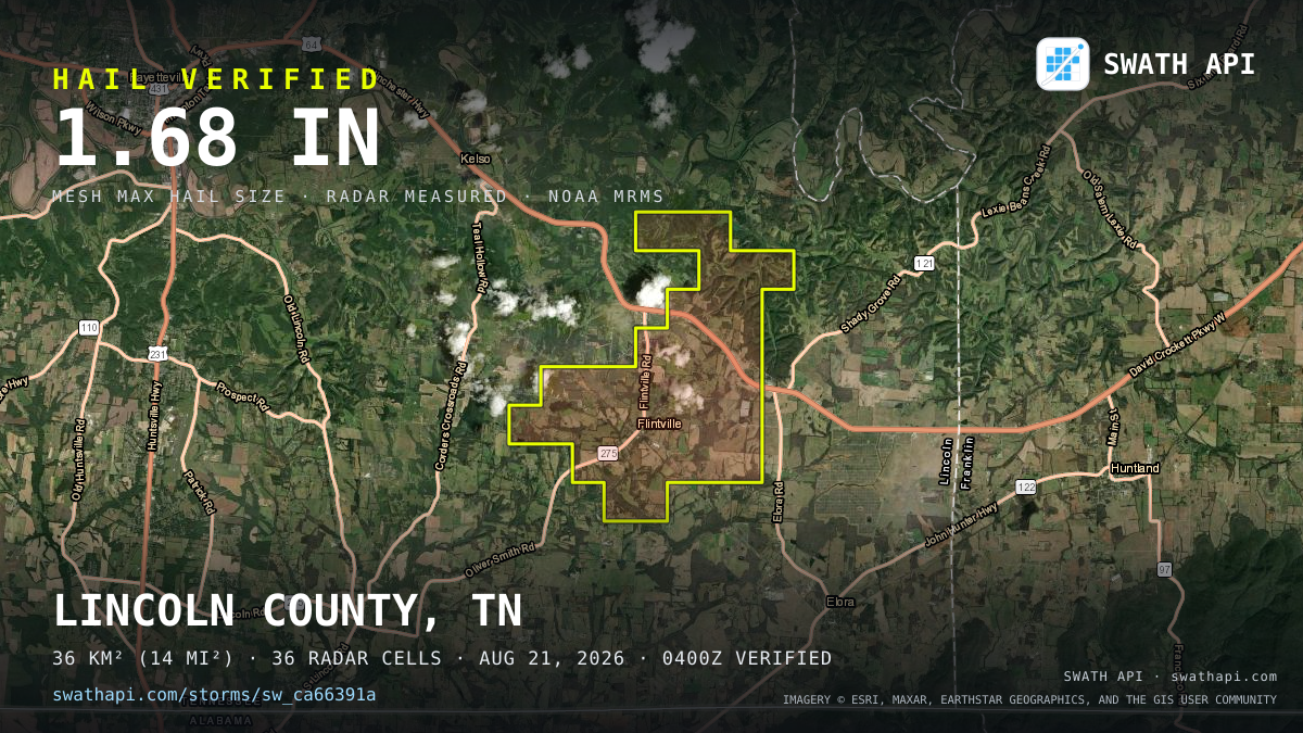 Storm card: 1.1–1.7" hail crossed Lincoln County, TN — August 21, 2026