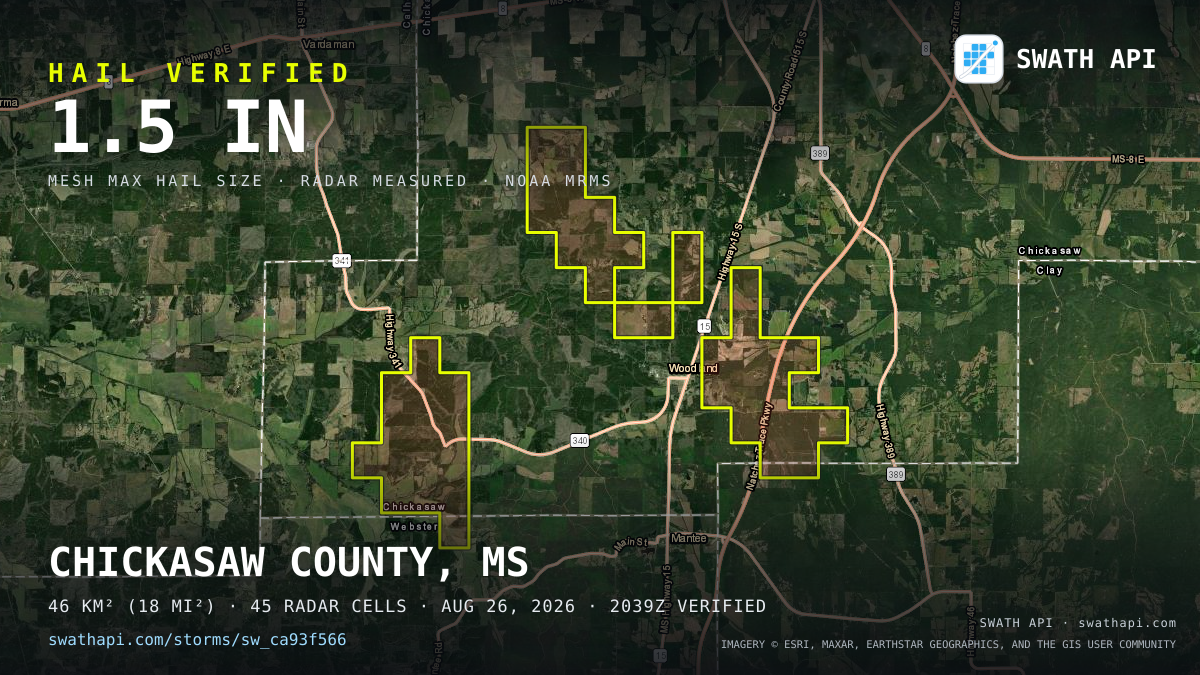 Storm card: 1.2–1.5" hail crossed Chickasaw County, MS — August 26, 2026