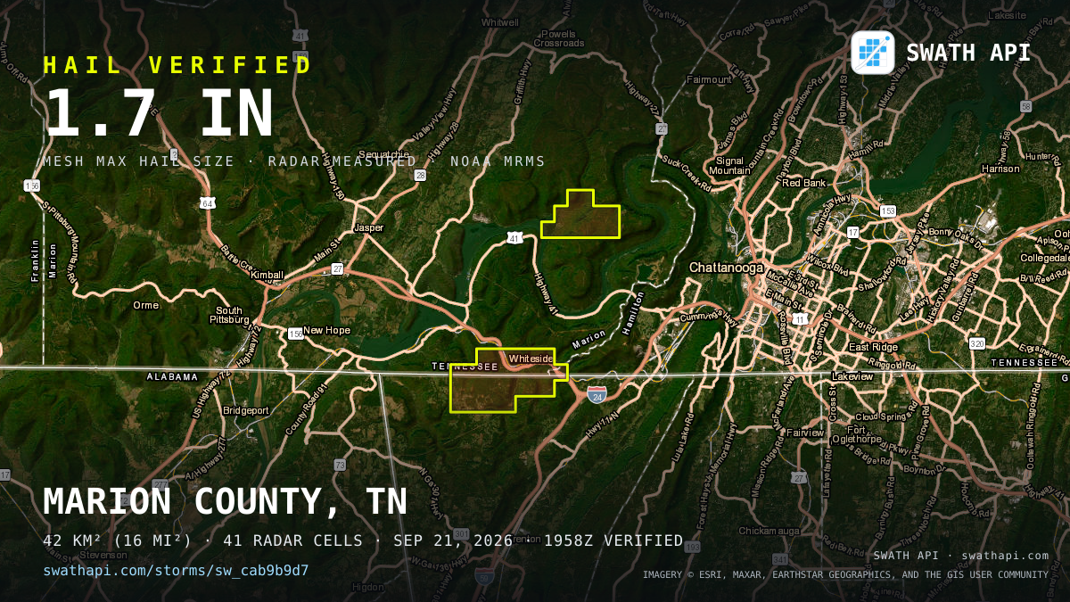 Storm card: 1.2–1.7" hail crossed Marion County, TN — September 21, 2026