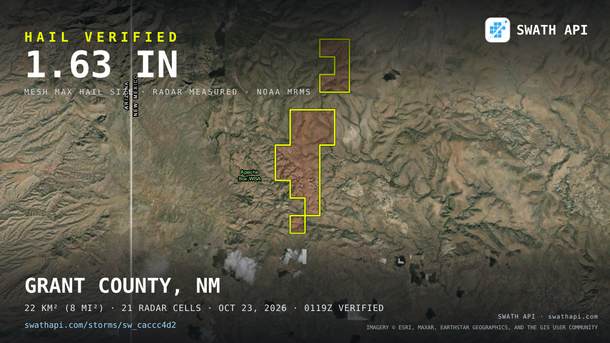 Storm card: 1.2–1.6" hail crossed Grant County, NM — October 23, 2026