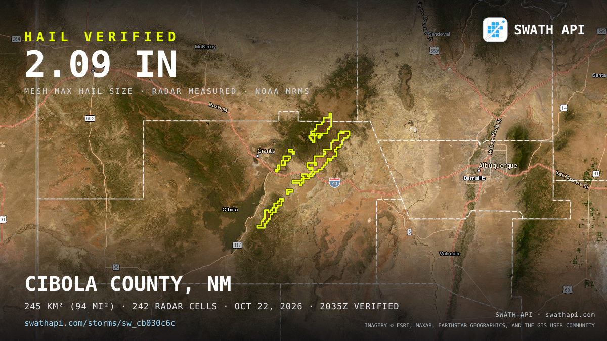 Storm card: 1.3–2.5" hail crossed Cibola County, NM — October 22, 2026