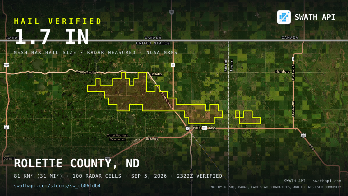 Storm card: 1.1–1.7" hail crossed Rolette County, ND — September 5, 2026