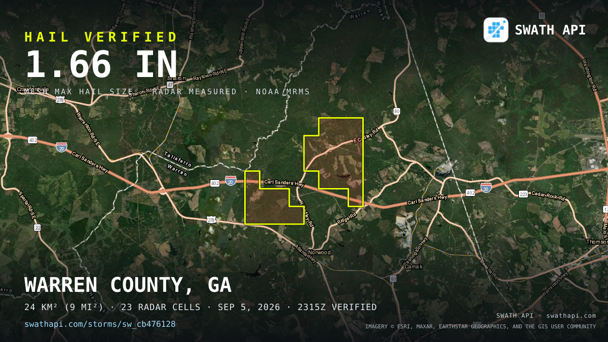 Storm card: 1.2–1.7" hail crossed Warren County, GA — September 5, 2026
