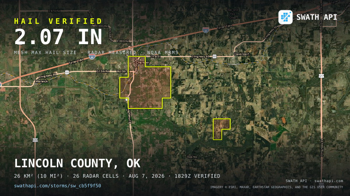 Storm card: 1.2–2.1" hail crossed Lincoln County, OK — August 7, 2026