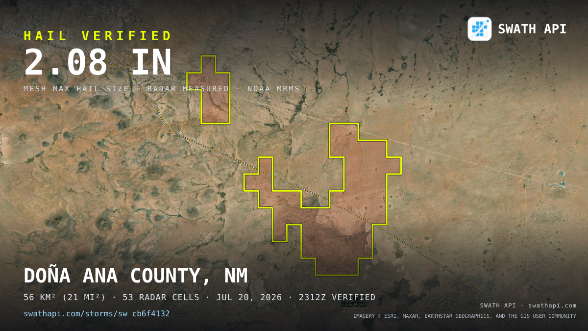 Storm card: 1.2–2.1" hail crossed Doña Ana County, NM — July 20, 2026