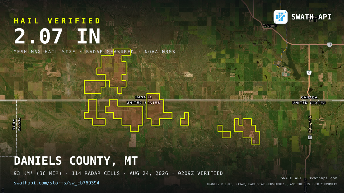 Storm card: 1.2–2.1" hail crossed Daniels County, MT — August 24, 2026