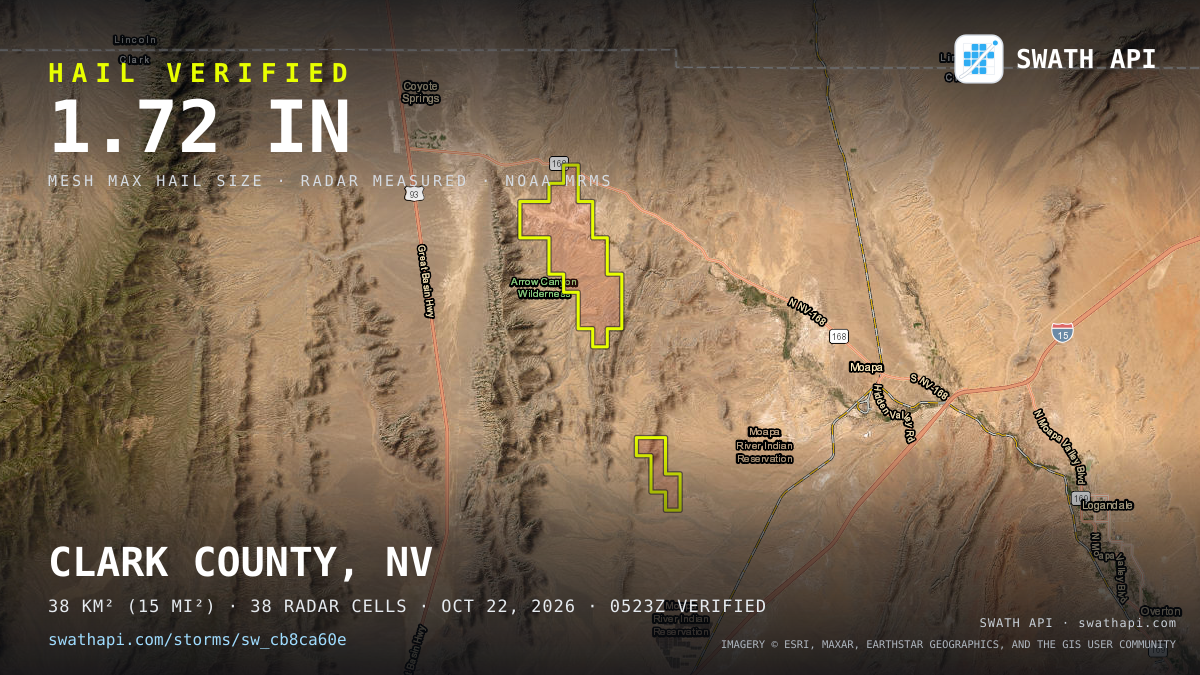 Storm card: 1.1–1.7" hail crossed Clark County, NV — October 22, 2026