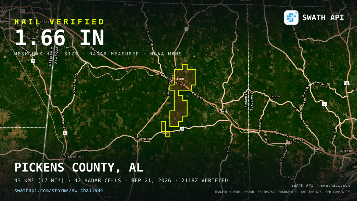 Storm card: 1.1–1.7" hail crossed Pickens County, AL — September 21, 2026
