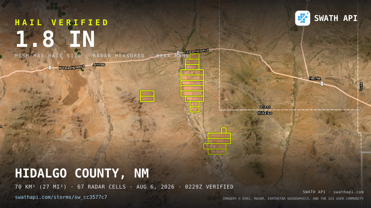 Storm card: 1.3–1.8" hail crossed Hidalgo County, NM — August 6, 2026