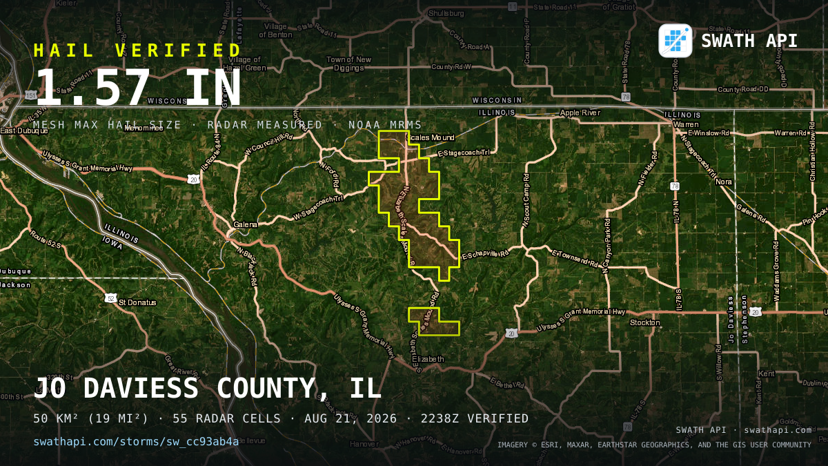 Storm card: 1.1–1.6" hail crossed Jo Daviess County, IL — August 21, 2026