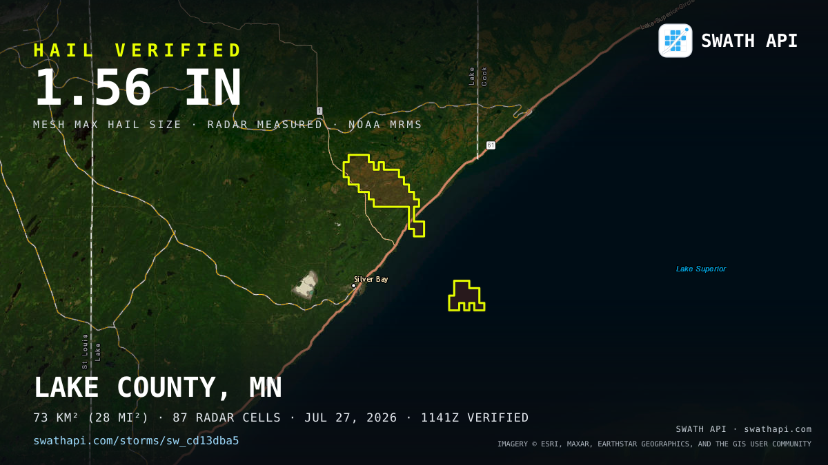 Storm card: 1.1–1.6" hail crossed Lake County, MN — July 27, 2026