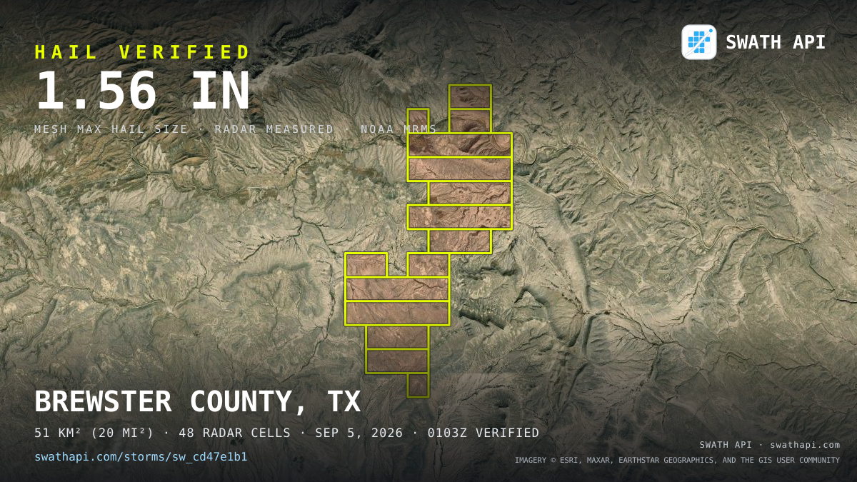 Storm card: 1.2–1.6" hail crossed Brewster County, TX — September 5, 2026