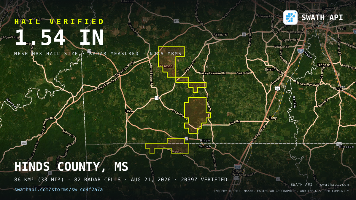 Storm card: 1.2–1.5" hail crossed Hinds County, MS — August 21, 2026