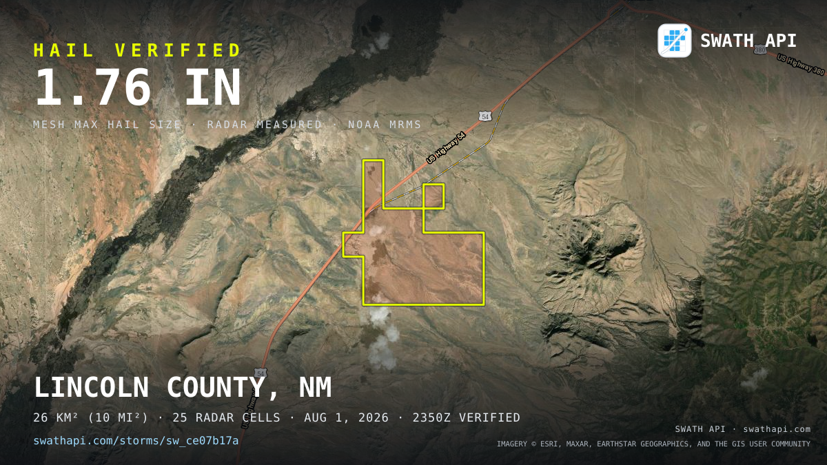 Storm card: 1.2–1.8" hail crossed Lincoln County, NM — August 1, 2026