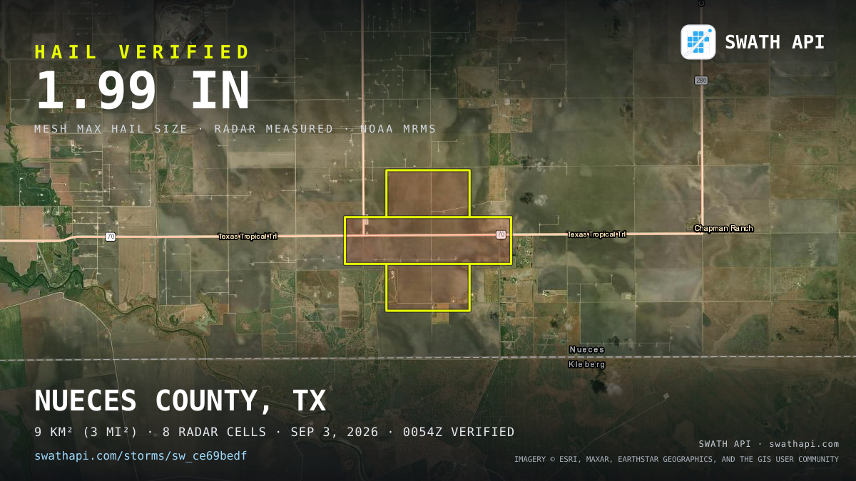 Storm card: 1.5–2" hail crossed Nueces County, TX — September 3, 2026
