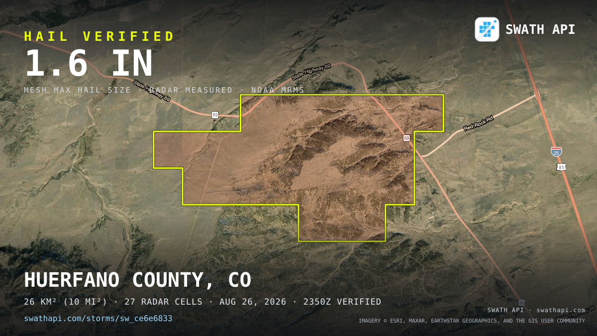 Storm card: 1.2–1.6" hail crossed Huerfano County, CO — August 26, 2026