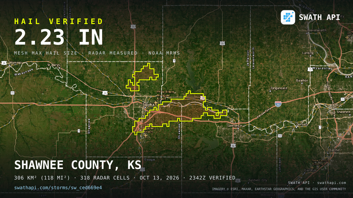 Storm card: 1.3–2.2" hail crossed Shawnee County, KS — October 13, 2026